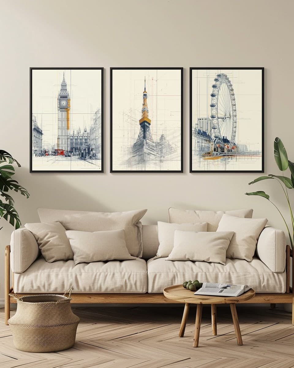 Tokyo Tower in a living-room triptych