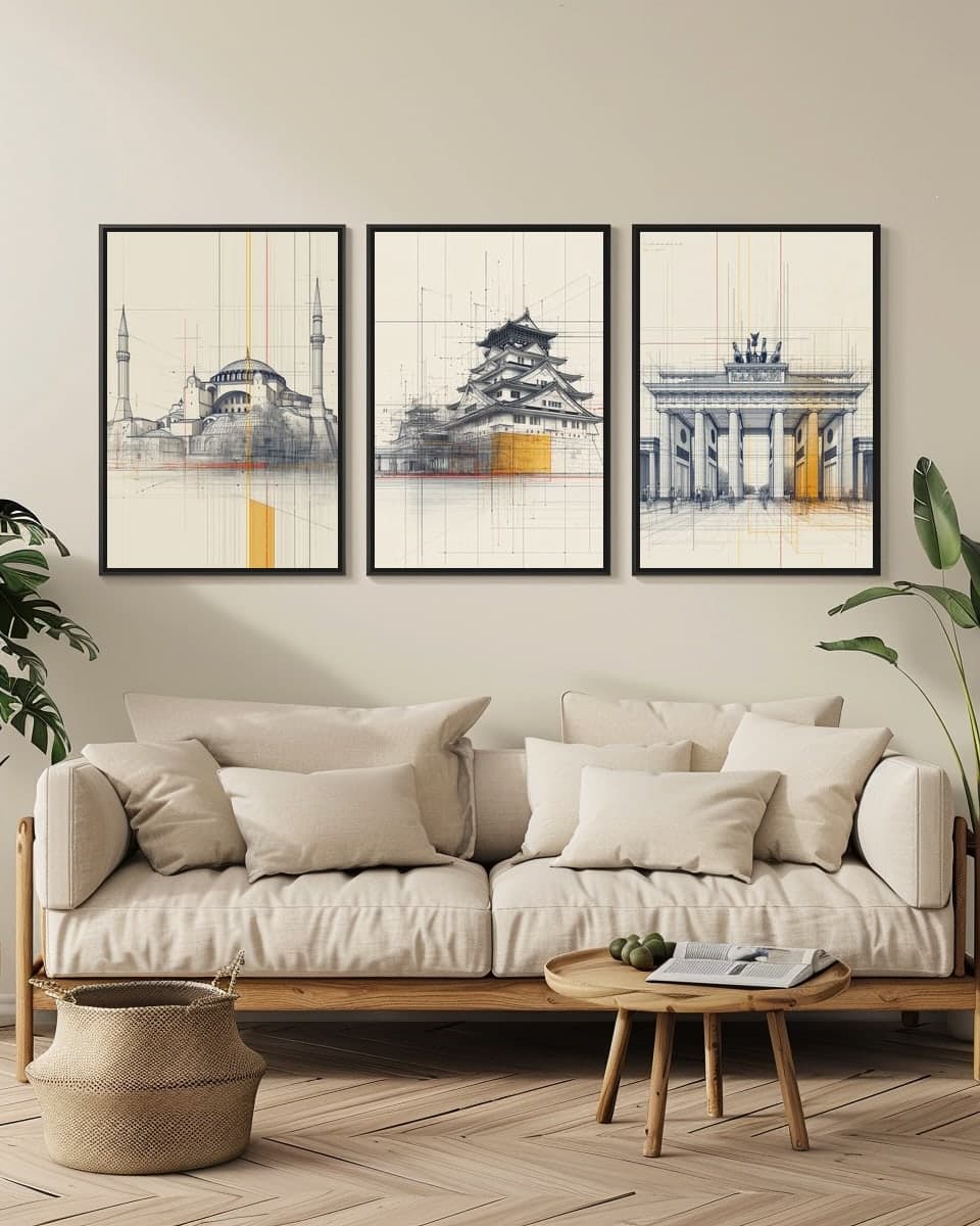 Himeji Castle in a living-room triptych