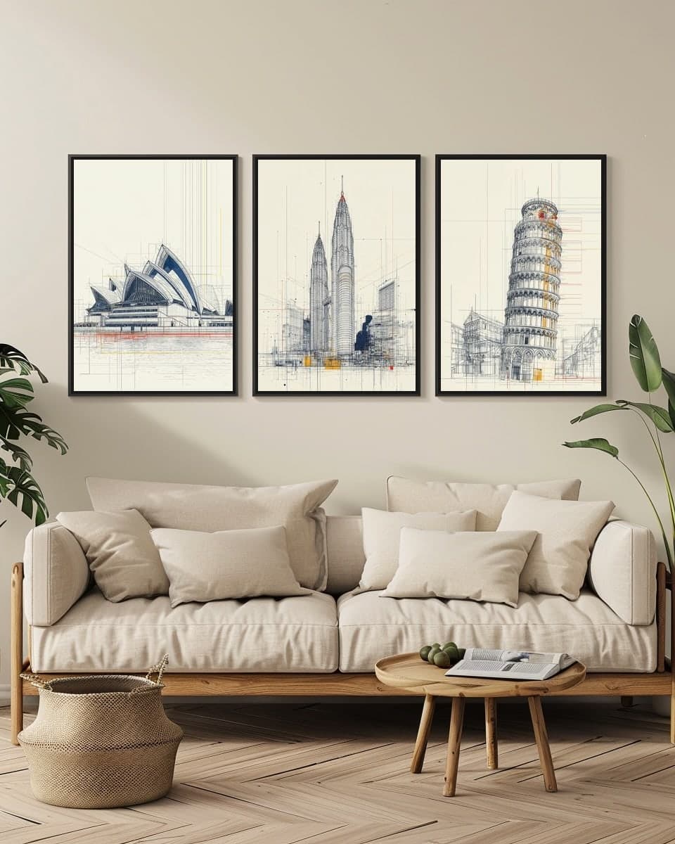 Midjourney PetronasTowers in a living-room triptych