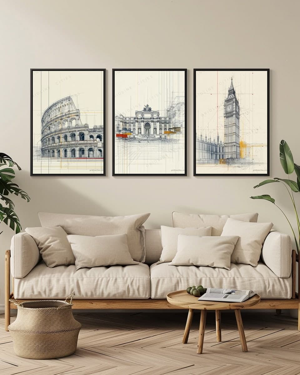 Rome Trevifountain2 in a living-room triptych