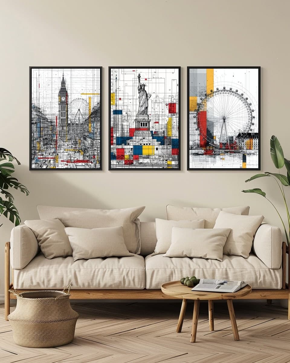 Statue of Liberty Mondrian Style in a living-room triptych