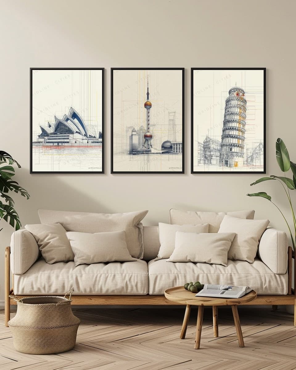Oriental Pearl Tower in a living-room triptych