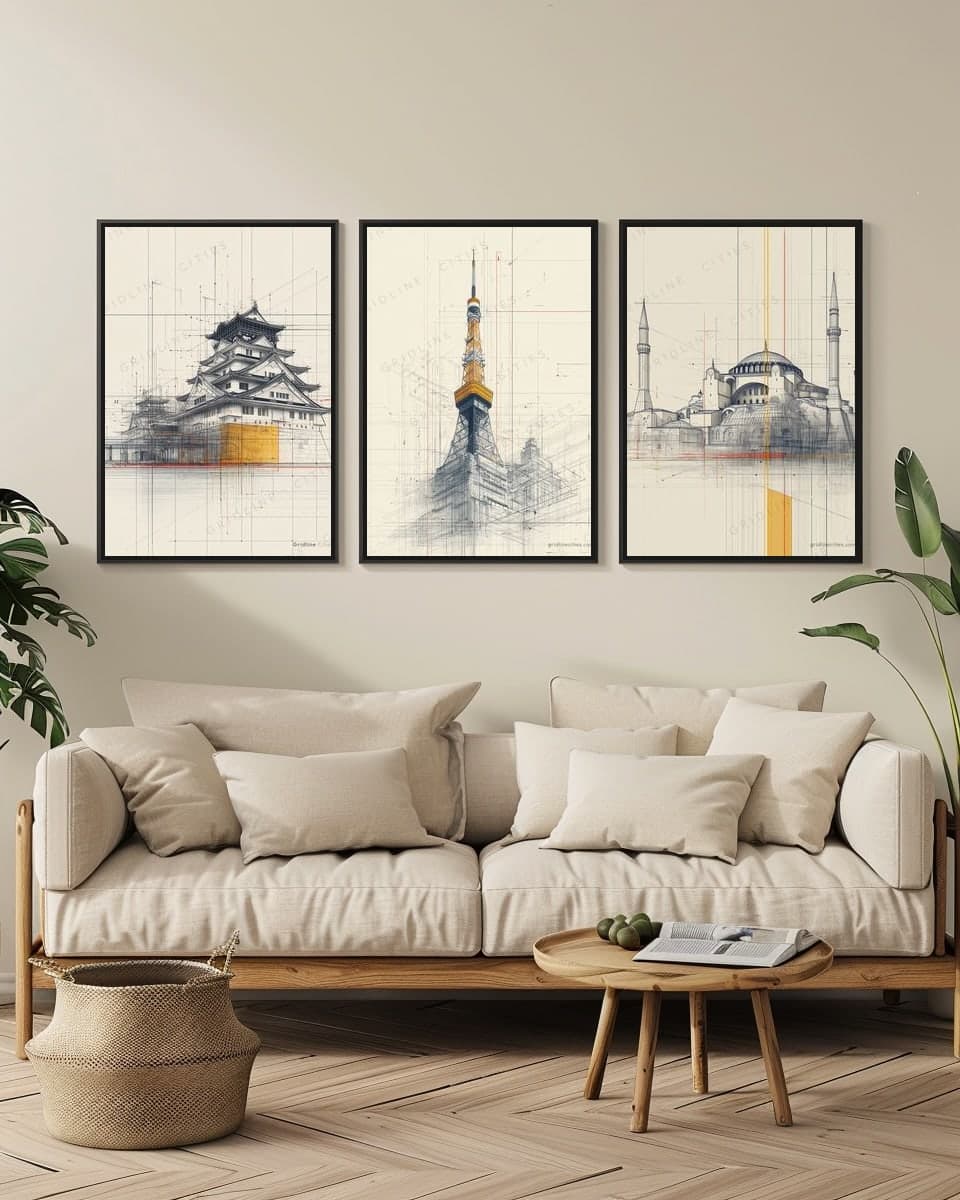 Tokyo Tower in a living-room triptych