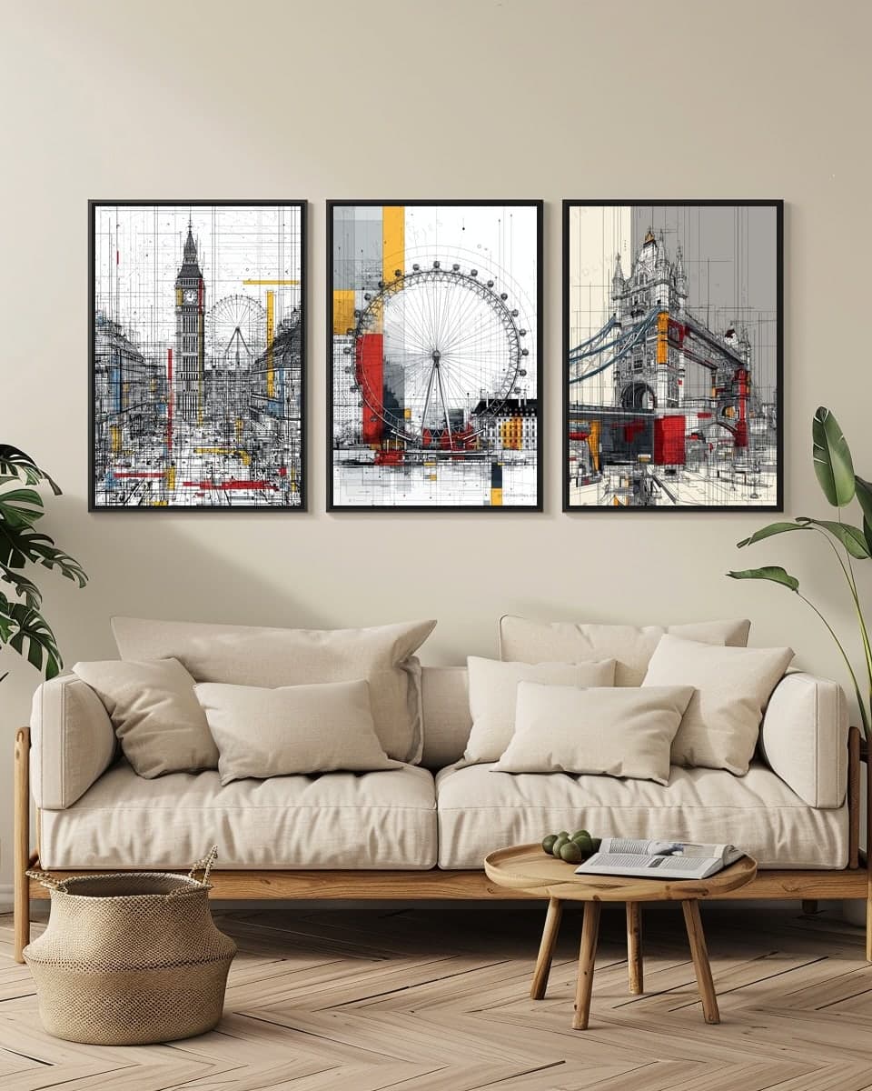 London Eye Mondrian Style in a living-room triptych