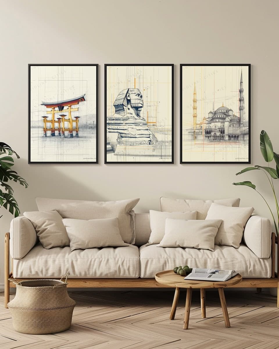 Sphinx in a living-room triptych