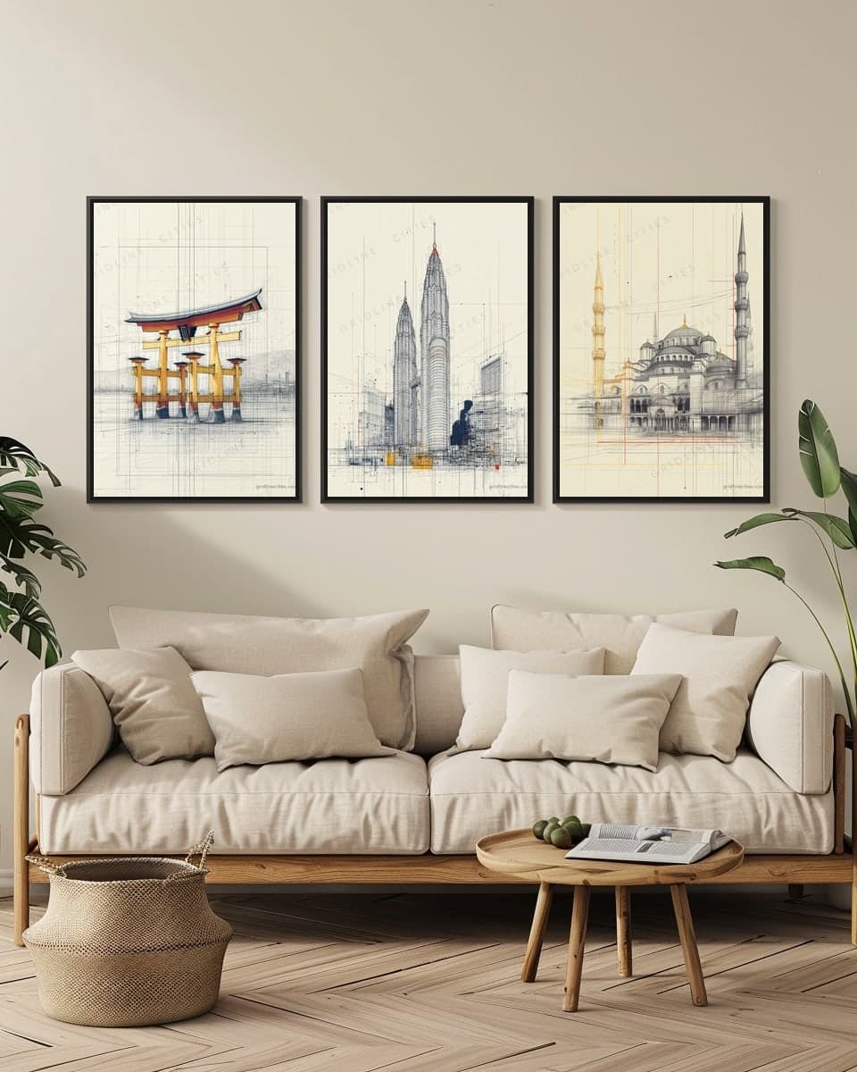 Kuala Lumpur Petronas Towers in a living-room triptych