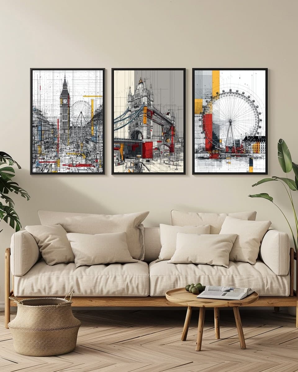 Tower Bridge Mondrian Style in a living-room triptych