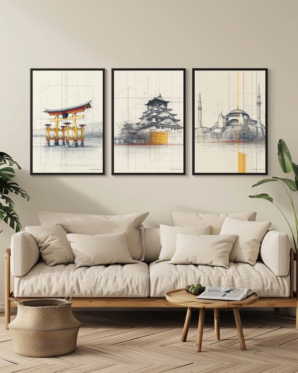 Himeji Castle in a living-room triptych