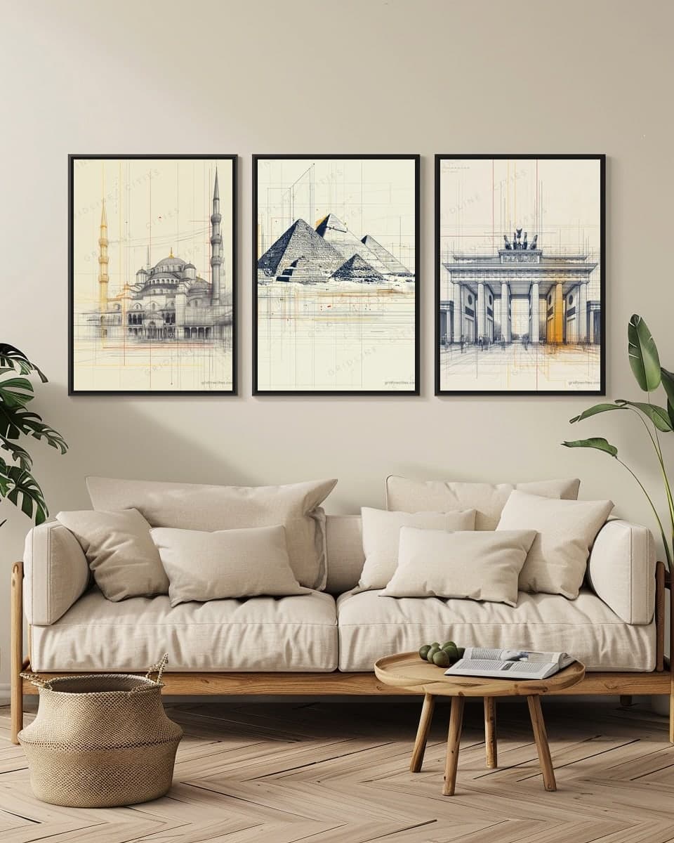 Giza Pyramids in a living-room triptych