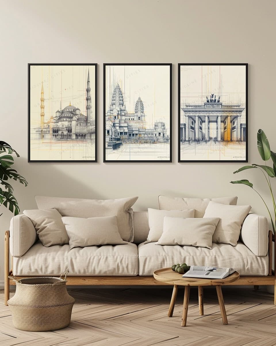 Angkor Wat in a living-room triptych