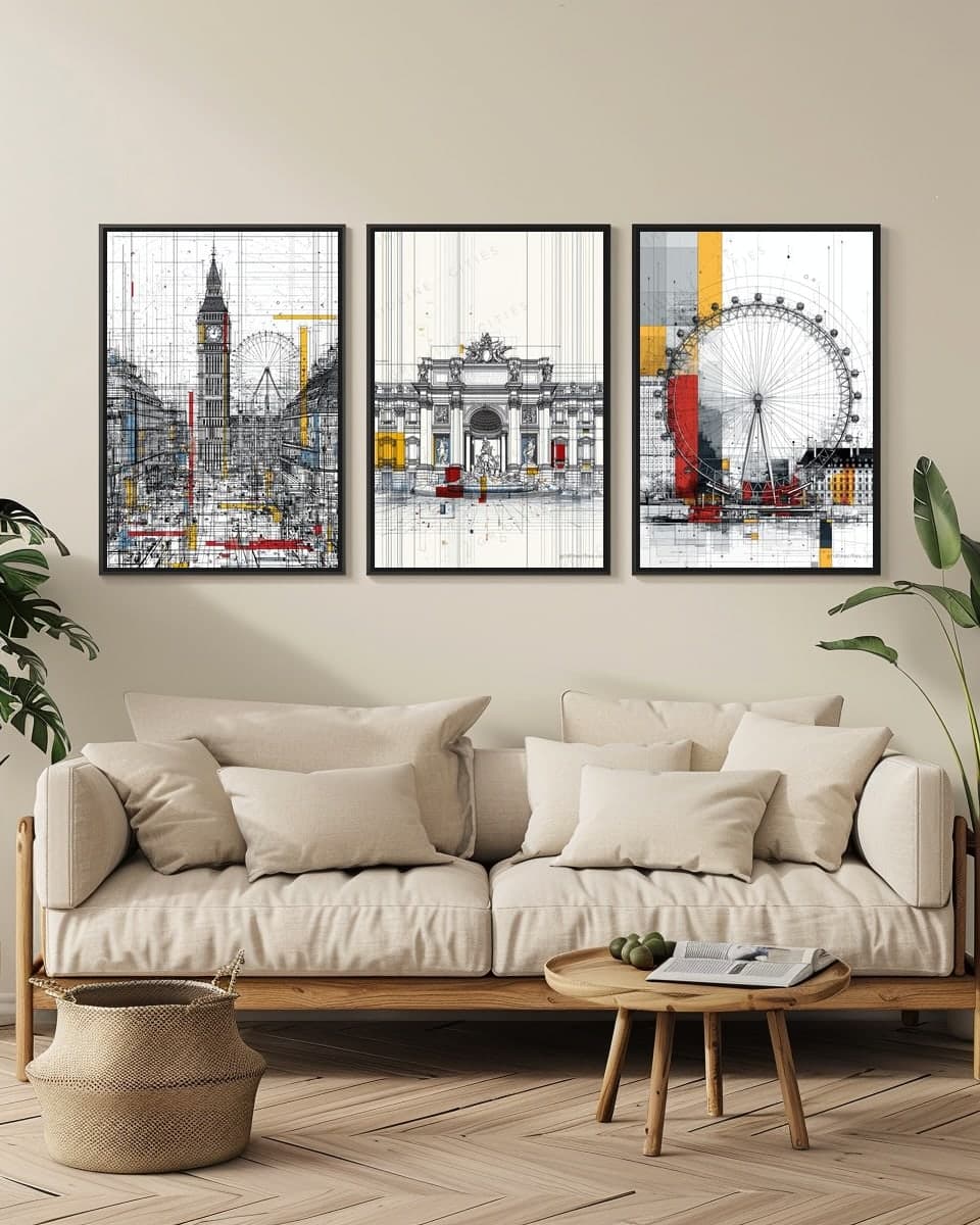 Rome Trevifountain in a living-room triptych