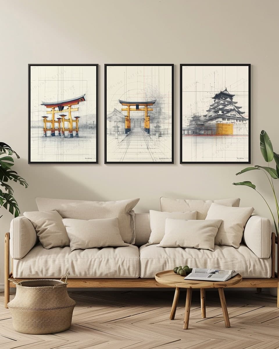 Hakone Shrine Kanagawa in a living-room triptych
