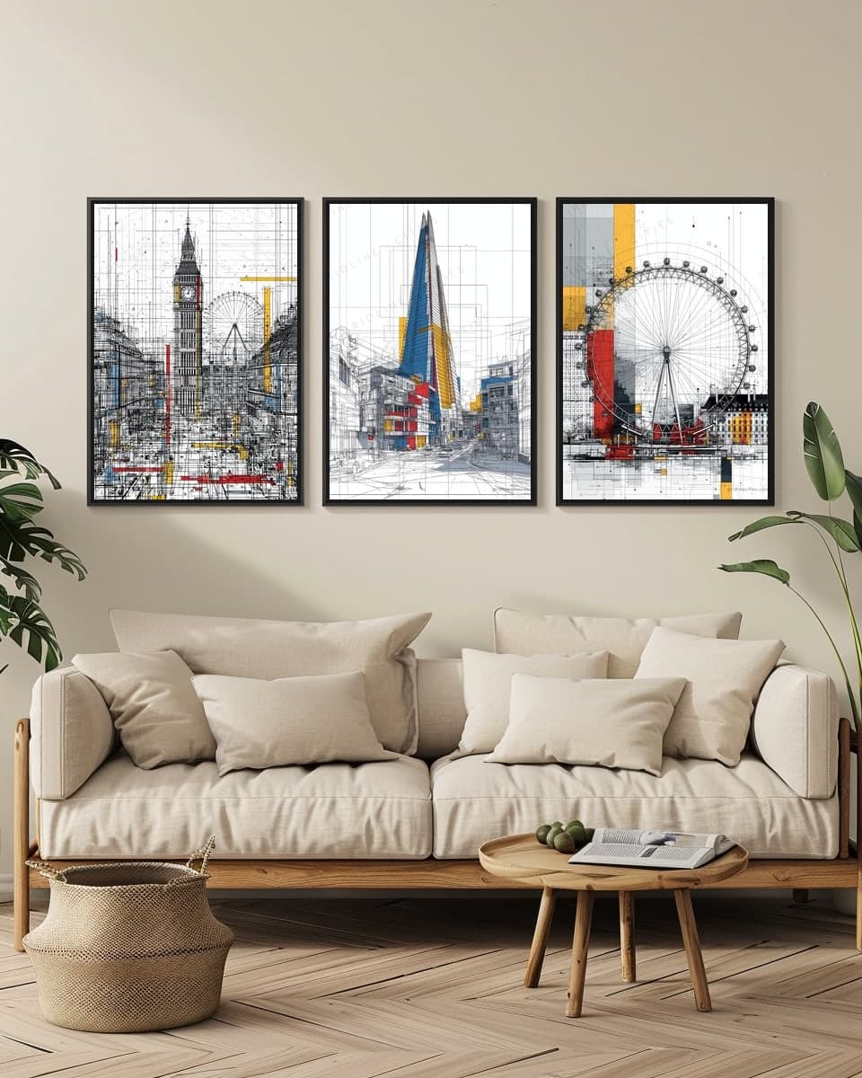 The Shard Mondrian Style in a living-room triptych